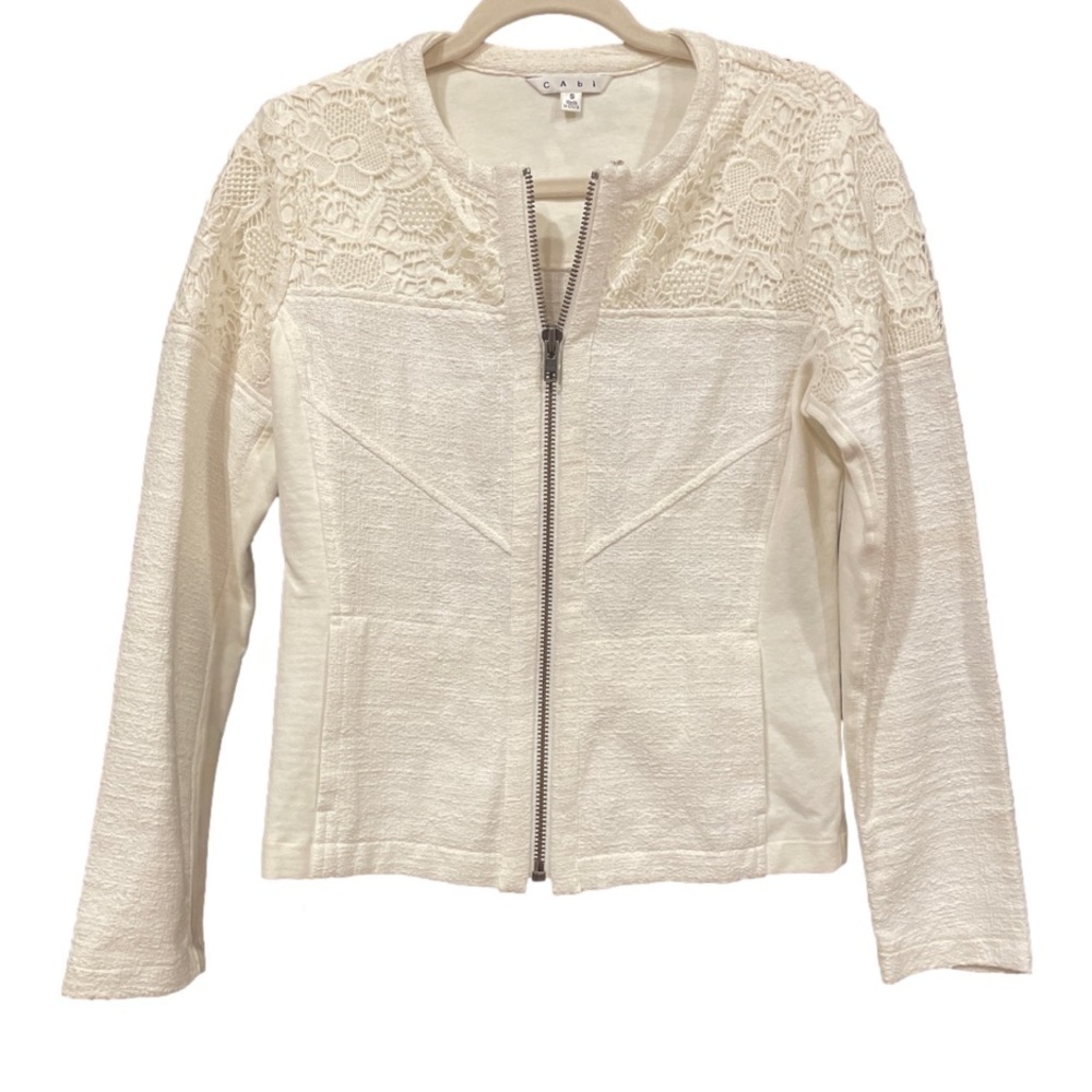 Cabi white lace occasion zip up jacket with inserts that stretch Size S E4 - Picture 2 of 5